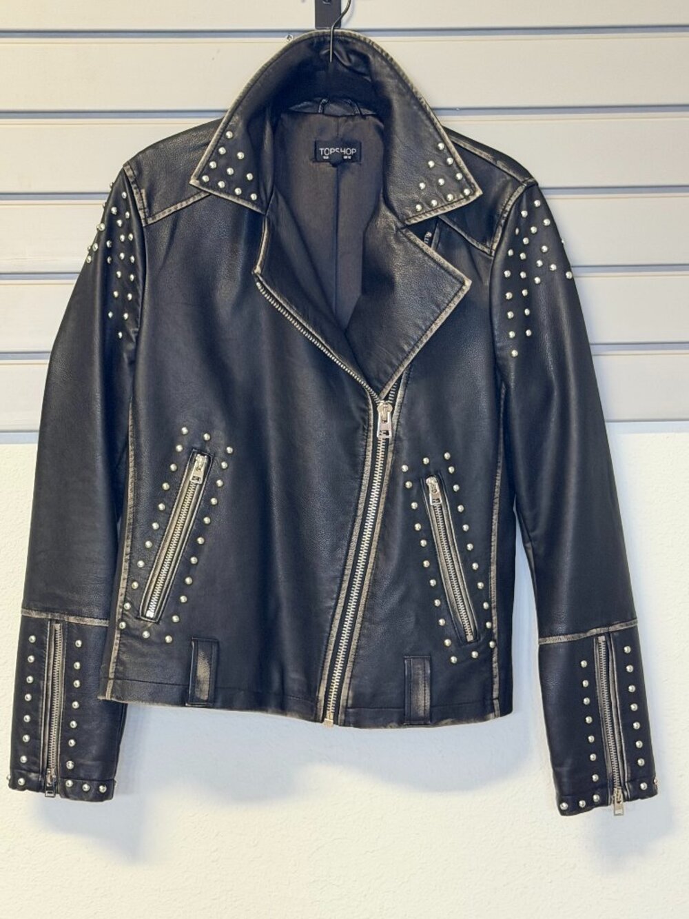 Topshop black faux leather studded, belted moto biker jacket Size 6